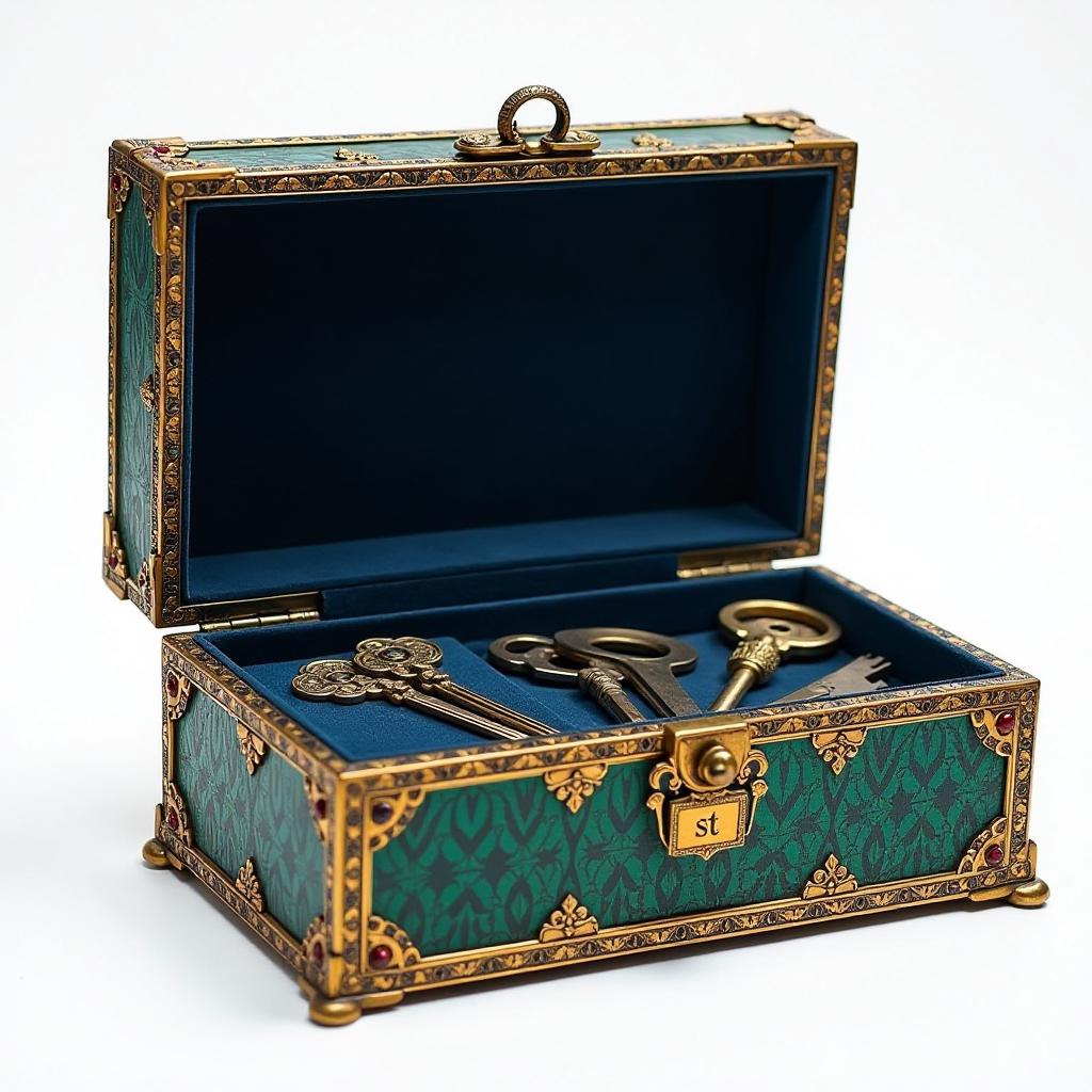  i look into a large, open, ancient, elegant box with a gold edging inlaid with emeralds, sapphires, rubies stuffed with keys and tools. located flat, full face, right in front of my face inside a dark blue velour. on the case of the box is a tag that says "st" in gold. clear image of white background