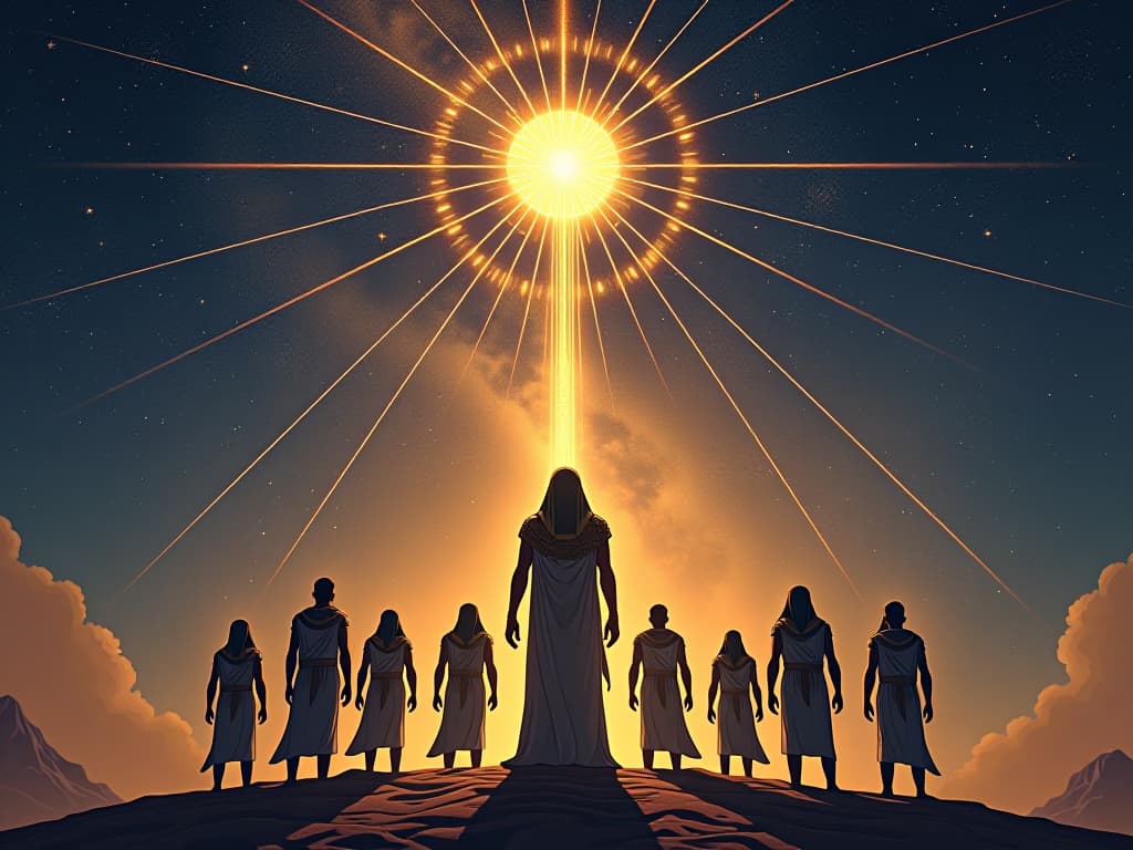  a luminous being, standing under a vast, starry sky, guiding a group of followers, symbolizing path to enlightenment and transformation. the style is digital art illustration / modern comic book / mysterious occult, symbolic, esoteric vibe,high detail on character design, incorporating ancient egyptian symbology and attire.