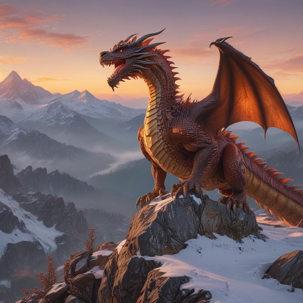 ((masterpiece)),(((best quality))), 8k, high detailed, ultra detailed, A majestic dragon perched on a mountaintop, ((fire breathing)), overlooking a vast landscape, (snow capped peaks), colorful sky hyperrealistic, full body, detailed clothing, highly detailed, cinematic lighting, stunningly beautiful, intricate, sharp focus, f/1. 8, 85mm, (centered image composition), (professionally color graded), ((bright soft diffused light)), volumetric fog, trending on instagram, trending on tumblr, HDR 4K, 8K