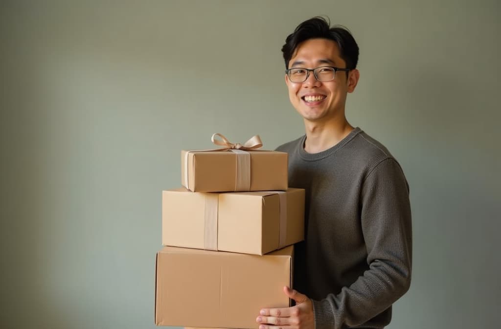  professional detailed photography, happy asian man holding stack of present boxes , (muted colors, dim colors, soothing tones), (vsco:0.3)