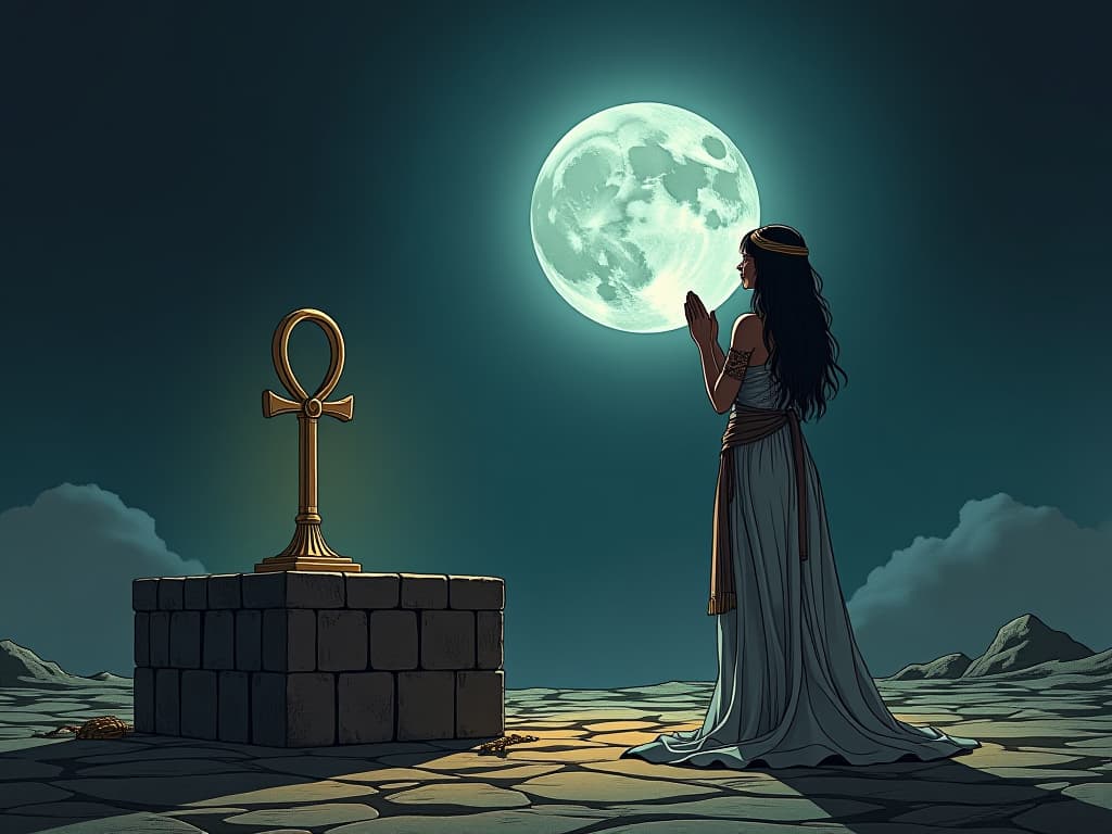  full moon in a dark sky, illuminating an ankh next to an altar, large busted goddess in sheer robes praying, signifying importance of leveraging lunar energy. the style is digital art illustration / modern comic book / mysterious occult, symbolic, esoteric vibe,high detail on character design, incorporating ancient egyptian symbology and attire.