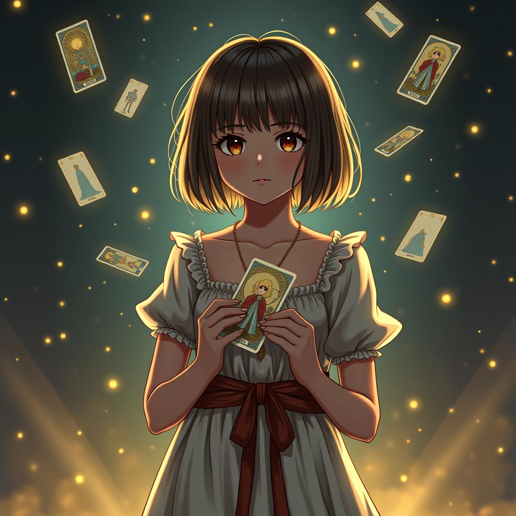  a girl with short hair is standing against a background of lights, holding tarot cards that are flying away.