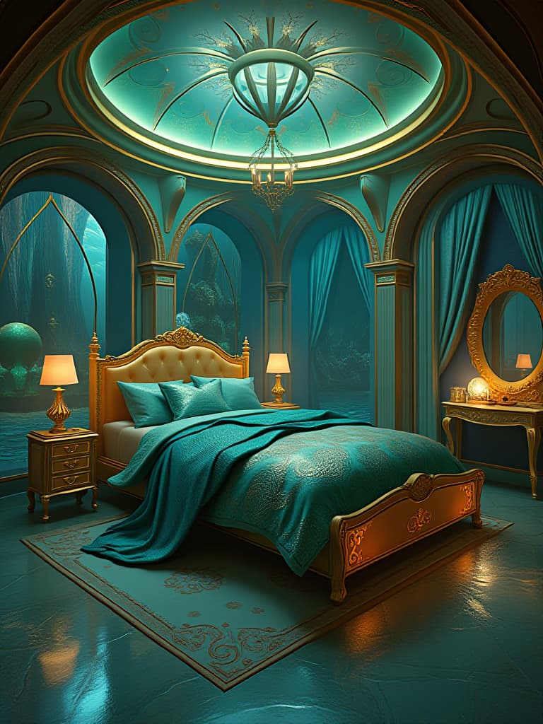  a luxurious mermaid mansion bedroom in the deep sea. the house is round li and big metallic green and gold ver shiny . with mermaid luxurious mermaid bed