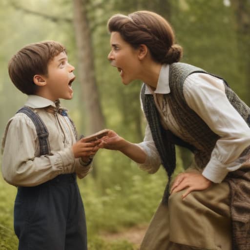 stepmom yelling at teenboy in 1800s with Forests background