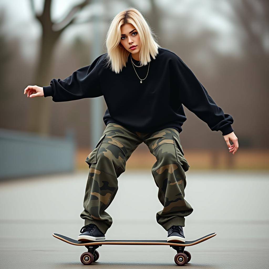  make an image a blonde bob woman with dark brown eyes and dressed in streetwear with camo pants and black shirt skateboarding