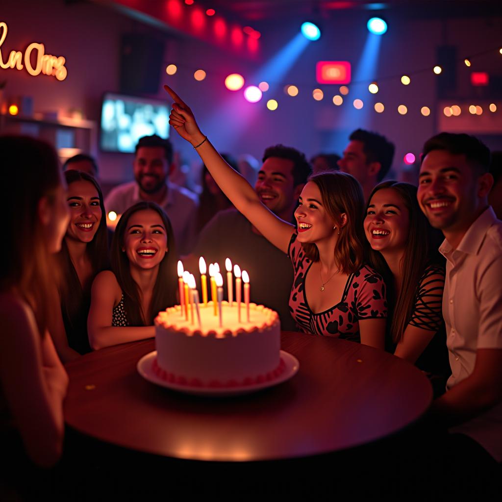  a cheerful large company is celebrating a birthday at an elite karaoke place.