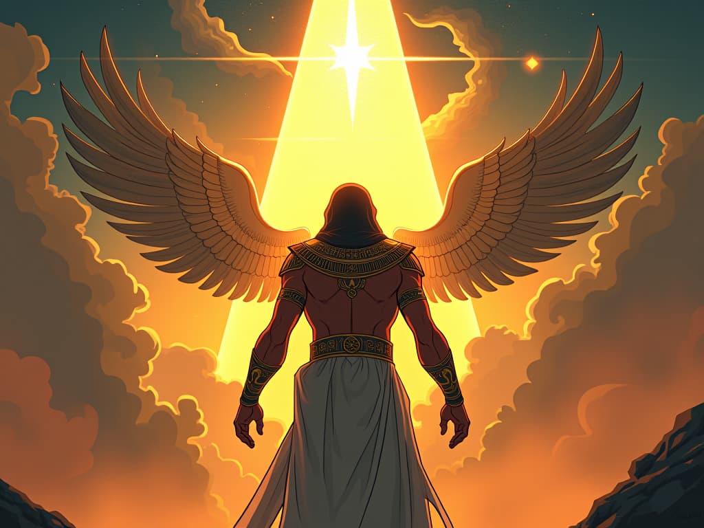  male figure in ancient egyptian armor, making a crucial decision at dawn, surrounded by celestial beings, intense light shining down, aura of transcendent wisdom. the style is digital art illustration / modern comic book / mysterious occult, symbolic, esoteric vibe,high detail on character design, incorporating ancient egyptian symbology and attire.