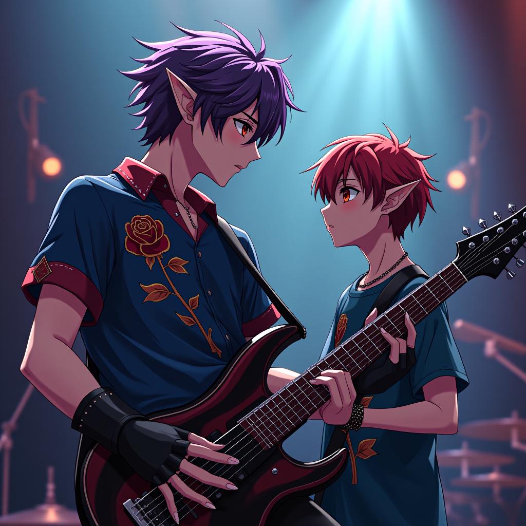  manga style the rock performer wears black gloves with metal claws on his hands. a dark elf is a young man performing on stage in front of his younger brother with a guitar in his hands. the younger brother of a young man appears in the form of a dark elf with cherry colored hair and amber eyes, dressed in a blue t shirt with a pattern in the form of a golden rose with a scarlet bud. the appearance of the older brother: a dark elf is a young man with marble white skin, purple hair with a scarlet tint, pointed tips of ears, lavender eyes with a red tint, dressed in a red purple shirt embroidered with red gold, embroidery on the shirt is made in the form of plant stems, dressed in a dark scarlet semi jacket over shirts, a hairstyle in the  hyperrealistic, full body, detailed clothing, highly detailed, cinematic lighting, stunningly beautiful, intricate, sharp focus, f/1. 8, 85mm, (centered image composition), (professionally color graded), ((bright soft diffused light)), volumetric fog, trending on instagram, trending on tumblr, HDR 4K, 8K