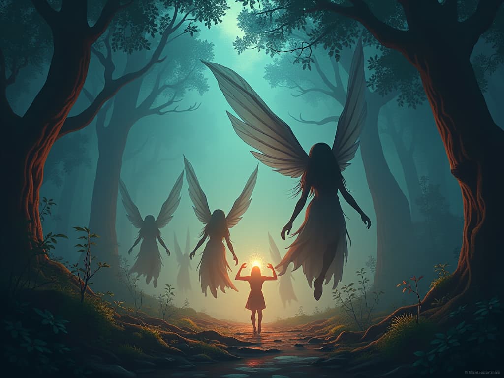  a mystical forest at twilight, ethereal beings frantically channeling energy. light disrupts their forms, the realization of their misplaced power evident. the air filled with palpable chaos and dread.. the style is digital art illustration,highly detailed, whimsical,magical, dreamlike atmosphere, realism and fantasy blend, smooth, glossy textures,luminous quality, wonder and enchantment.