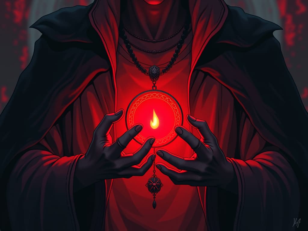  red amulet of intuition, glowing softly, worn by a sage, images of trust and inner guidance. the style is digital art illustration / modern comic book / graphic dark novel fantasy and mysterious occult, symbolic, moody lighting, esoteric vibe,high detail on character design. for the color scheme emphasize blacks and reds.