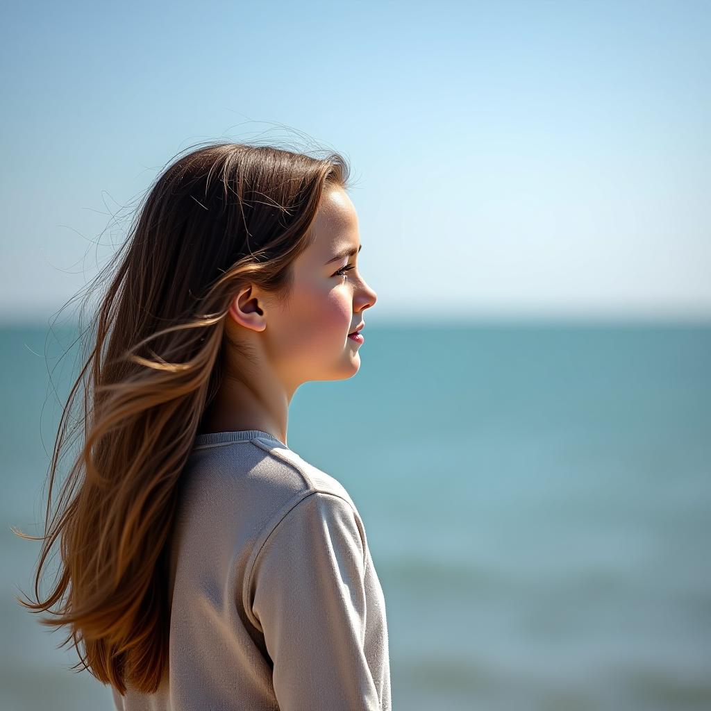  a brown haired girl was looking into the distance at the seaside.