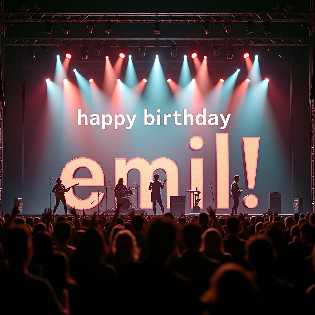  a music festival setting with instruments, stage, and crowd forming the words "happy birthday emil!" with sound waves and musical notes adding rhythm hyperrealistic, full body, detailed clothing, highly detailed, cinematic lighting, stunningly beautiful, intricate, sharp focus, f/1. 8, 85mm, (centered image composition), (professionally color graded), ((bright soft diffused light)), volumetric fog, trending on instagram, trending on tumblr, HDR 4K, 8K