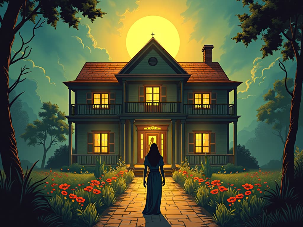  a modest home miraculously transformed into a grand abode, flowers blooming, sense of abundant blessings.. the style is digital art illustration / modern comic book / mysterious occult, symbolic, esoteric vibe,high detail on character design, incorporating ancient egyptian symbology and attire.