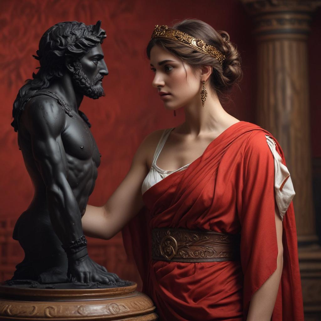 Agamemnon claiming Briseis as his own, a beautiful woman taken as spoils of war, Briseis with a mix of fear and resignation, Achilles' distant figure watching in the background, a moment of betrayal and desire, with rich colors and intricate details"in the style of classical Greek pottery art, with intricate black figures on a red background, depicting mythological scenes with a focus on gods and heroes, using a limited color palette of red, black, and white"This image is a breathtaking painting that captures the magical scene with vivid detail. The overall composition is spellbinding, showcasing a perfect harmony. photorealism fantasy, unreal engine 5, concept hyperrealistic, full body, detailed clothing, highly detailed, cinematic lighting, stunningly beautiful, intricate, sharp focus, f/1. 8, 85mm, (centered image composition), (professionally color graded), ((bright soft diffused light)), volumetric fog, trending on instagram, trending on tumblr, HDR 4K, 8K