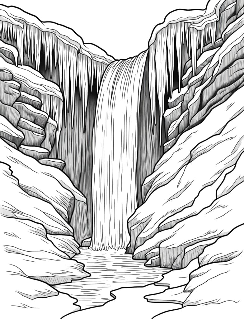  this is for an adult coloring page. a detailed black and white line art of a snowy frozen waterfall with icicles hanging from the rocks on a solid white background.