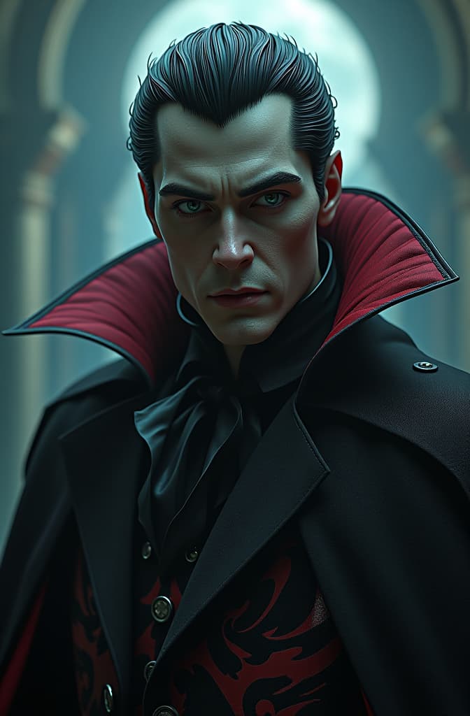  the vampire dracula, portrait, cyberpunk, hyper detailed, digital art, trending in artstation, cinematic lighting, studio quality, smooth render, unreal engine 5 rendered, octane rendered, art style by klimt and nixeu and ian sprigger and wlop and krenz cushart hyperrealistic, full body, detailed clothing, highly detailed, cinematic lighting, stunningly beautiful, intricate, sharp focus, f/1. 8, 85mm, (centered image composition), (professionally color graded), ((bright soft diffused light)), volumetric fog, trending on instagram, trending on tumblr, HDR 4K, 8K