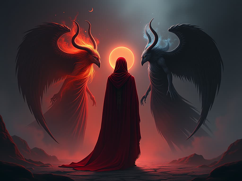  shaman in red attire, two ancestral spirits, one glowing, the other dark, crossroads of decision, atmosphere of reverence and contemplation. the style is digital art illustration / modern comic book / graphic dark novel fantasy and mysterious occult, symbolic, moody lighting, esoteric vibe,high detail on character design. for the color scheme emphasize blacks and reds.