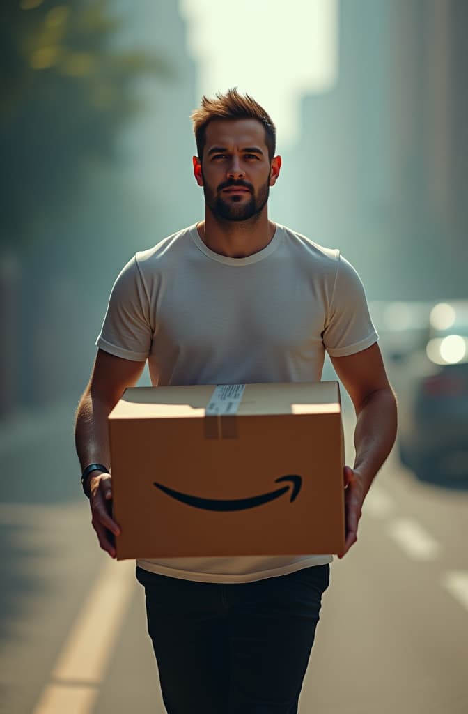  white guy carrying an amazon box daylight wearing t shirt hyperrealistic, full body, detailed clothing, highly detailed, cinematic lighting, stunningly beautiful, intricate, sharp focus, f/1. 8, 85mm, (centered image composition), (professionally color graded), ((bright soft diffused light)), volumetric fog, trending on instagram, trending on tumblr, HDR 4K, 8K