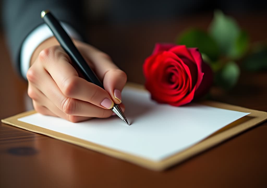  a man's hand writes a love letter to his girlfriend, with one beautiful fresh red rose.