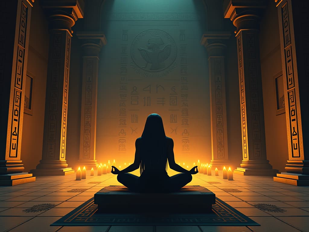  a serene, candlelit temple interior with a solitary figure seated meditatively in the center. ancient hieroglyphs and mystical symbols etched across the walls, an ambiance of profound silence and sacred introspection.. the style is digital art illustration / modern comic book / mysterious occult, symbolic, esoteric vibe,high detail on character design, incorporating ancient egyptian symbology and attire.