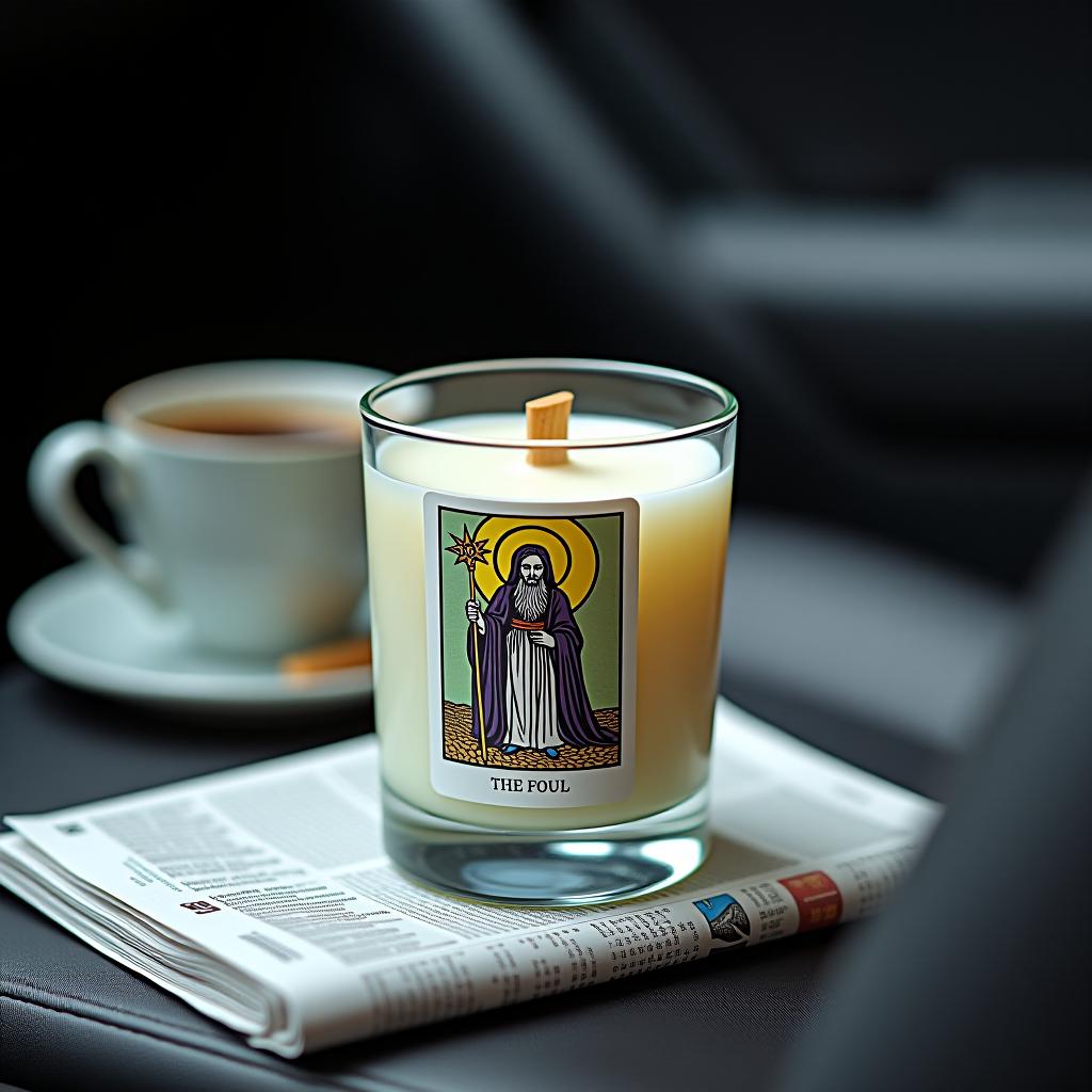  you are a professional photographer. take a photo of a candle in a 200 gram glass holder with a flat wooden wick and a white label featuring the tarot card the fool. the still life is set on the front seat of a car, next to a coffee cup and an english newspaper.