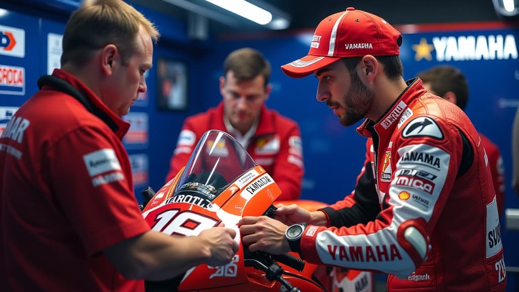  create an ultra realistic image capturing the essence of andrea dovizioso's role as a yamaha test rider in motogp. show dovizioso in the yamaha box at a race track, surrounded by engineers and team members. illustrate him providing technical insights with precision, akin to an engineer. include yamaha logos prominently displayed on the motorcycle and team gear. highlight the dynamic exchange of knowledge and expertise, emphasizing dovizioso's dual role as a rider and technical expert. utilize vi