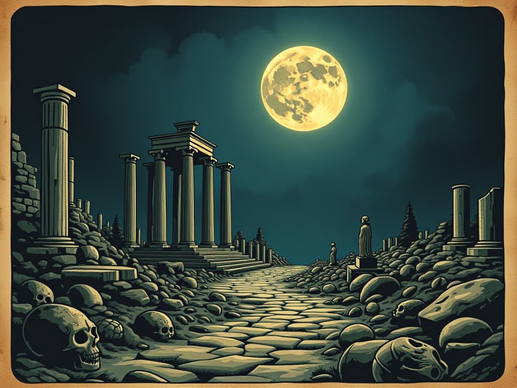  ancient ruins under a moonlit night, scattered remnants of a once grand civilization, eerie glow illuminating the fallen columns and statues, shadows cast by the cold, distant moon, silent, forgotten. an illustration in the style of a worn, mystical old tarot trump card, mysterious and elements of surrealism. the colors are muted, somber and eerie, but with contrast bring out an occult and esoteric vibe.