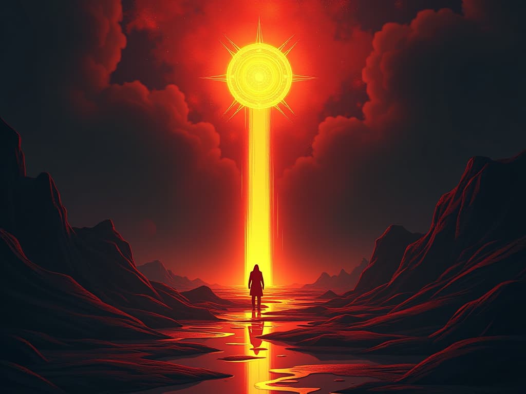  golden pathway, leading to a shining beacon, symbol of destiny achievement without corruption. the style is digital art illustration / modern comic book / graphic dark novel fantasy and mysterious occult, symbolic, moody lighting, esoteric vibe,high detail on character design. for the color scheme emphasize blacks and reds.