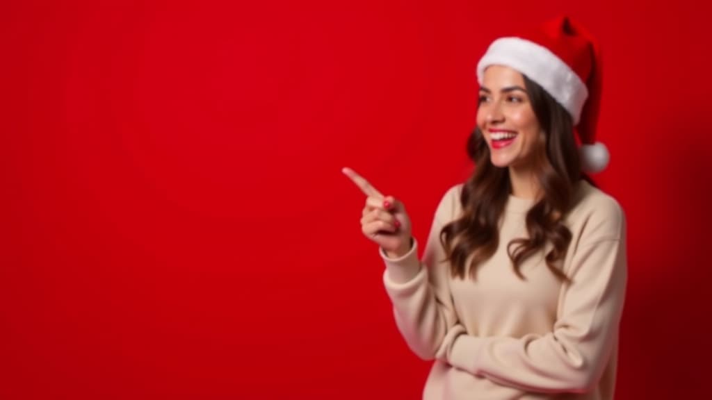  on the right full length young woman smiling, looking at camera, pointing by finger at free space to the left. santas hat on a head, light warm sweater, red background. on the left free space for text ar 16:9 {prompt}, maximum details