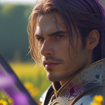 A male knight wielding a sword, gold Amor, long purple hair, in a field of flowers, sharp focus, intricate details, highly detailed, natural skin texture, high sharpness), ultra HD, wide, 8k, realistic, intricate details, 8k post production, high resolution, hyperdetailed, sharp focus, intricate details, highly detailed, natural skin texture, high sharpness hyperrealistic, full body, detailed clothing, highly detailed, cinematic lighting, stunningly beautiful, intricate, sharp focus, f/1. 8, 85mm, (centered image composition), (professionally color graded), ((bright soft diffused light)), volumetric fog, trending on instagram, trending on tumblr, HDR 4K, 8K