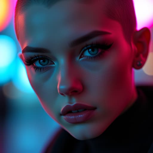  ultra realistic close up portrait ((beautiful pale cyberpunk female with heavy black eyeliner)), blue eyes, shaved side haircut, hyper detail, cinematic lighting, magic neon, dark red city, canon eos r3, nikon, f/1.4, iso 200, 1/160s, 8k, raw, unedited, symmetrical balance, in frame, 8k hyperrealistic, full body, detailed clothing, highly detailed, cinematic lighting, stunningly beautiful, intricate, sharp focus, f/1. 8, 85mm, (centered image composition), (professionally color graded), ((bright soft diffused light)), volumetric fog, trending on instagram, trending on tumblr, HDR 4K, 8K