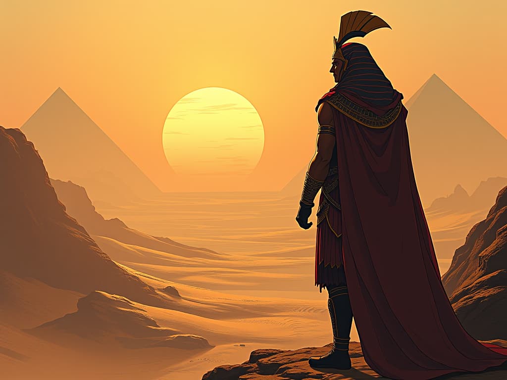  warrior king, looking out over the desert from a high vantage point, contemplative and strong. the style is digital art illustration / modern comic book / mysterious occult, symbolic, esoteric vibe,high detail on character design, incorporating ancient egyptian symbology and attire.