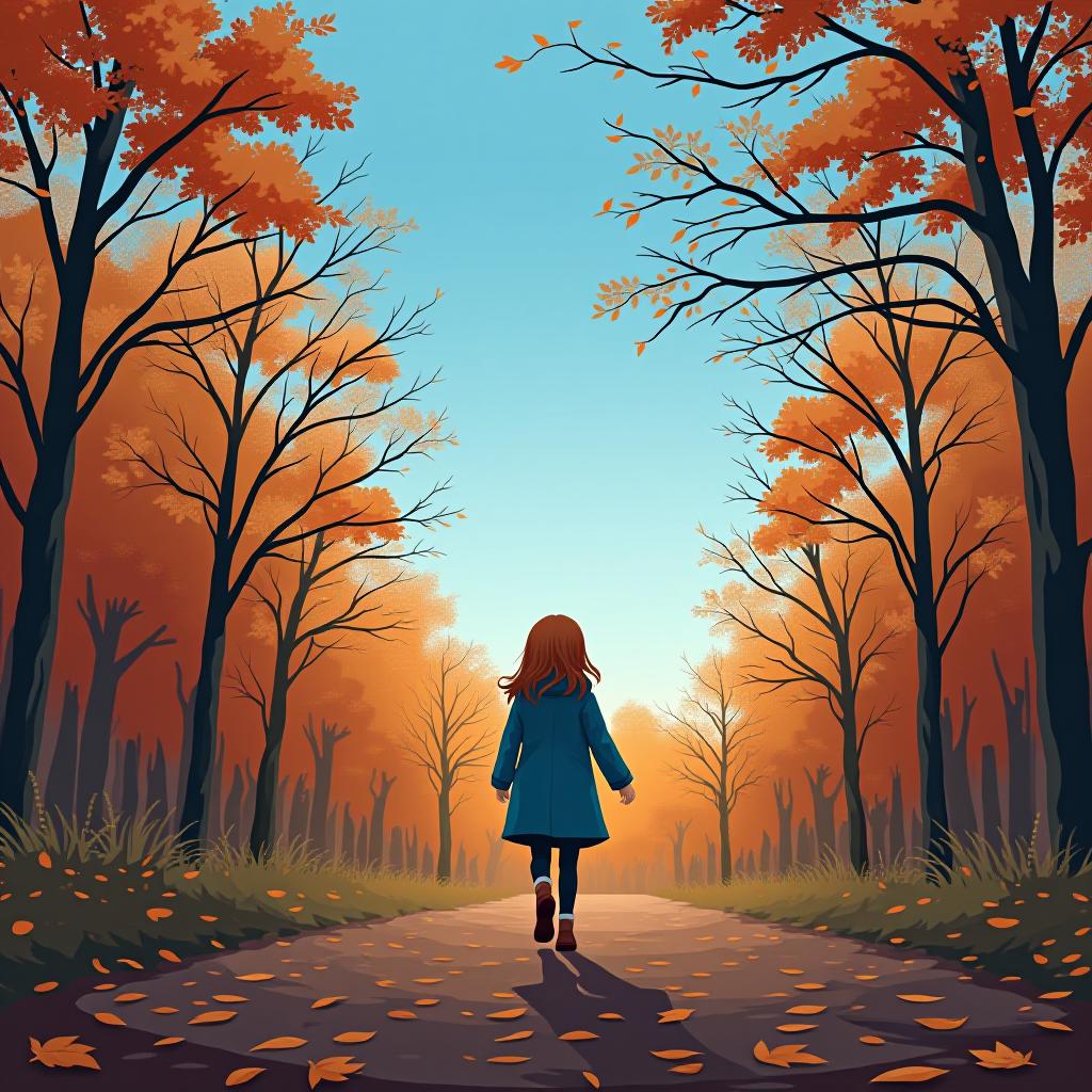  blue sky, autumn forest, a girl in a blue autumn coat walking along the path.