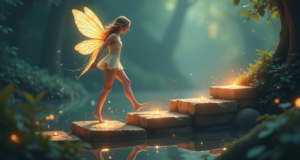  a serene fairy with glowing wings stepping gracefully over a series of bright stepping stones, each representing challenges overcome. the style is digital art illustration,highly detailed, whimsical,magical, dreamlike atmosphere, realism and fantasy blend, smooth, glossy textures,luminous quality, wonder and enchantment.