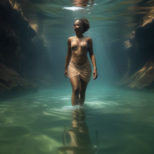 African woman in full growth walking underwater on the bottom of the river