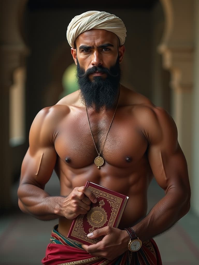  the indian muslim man, shirtless, showcasing his muscular physiques. the man is wearing a muslim cap and showing qur'an book, the muslim beard, masjid background, portrait size hyperrealistic, full body, detailed clothing, highly detailed, cinematic lighting, stunningly beautiful, intricate, sharp focus, f/1. 8, 85mm, (centered image composition), (professionally color graded), ((bright soft diffused light)), volumetric fog, trending on instagram, trending on tumblr, HDR 4K, 8K