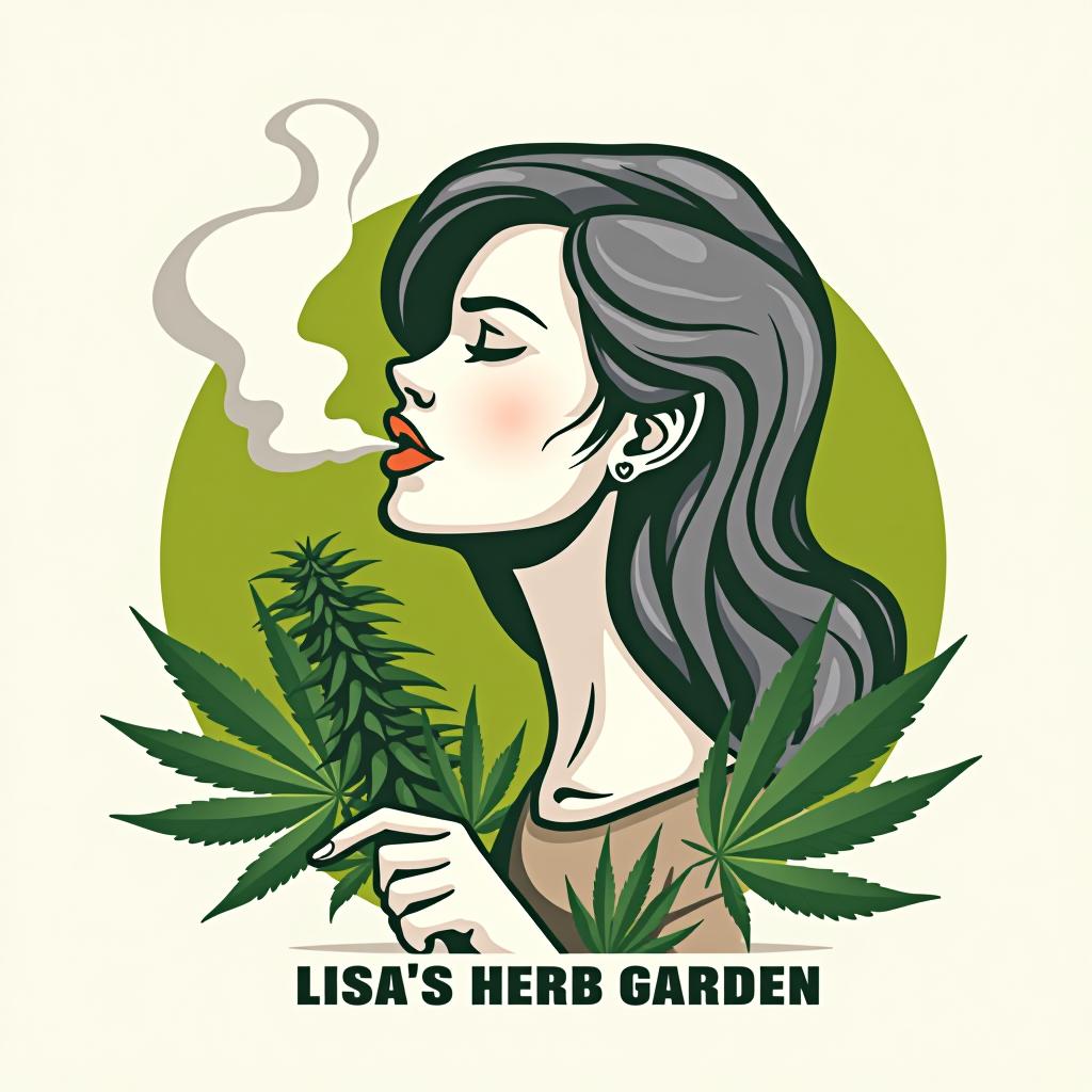  a gray headed woman, smoking marijuana lisa’s herb garden, (logo), clean, contemporary, bold, minimalist, geometric shapes, sans serif font, bright colors, dynamic, innovative