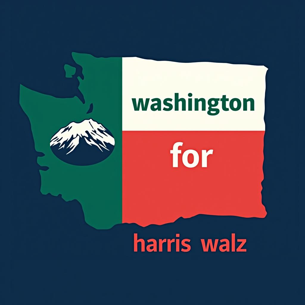  a tshirt design inspired by the washington state flag. the left side features a green vertical stripe with a large mountain in the center. the right side is divided into two horizontal sections: the top section is white with the text 'washington for' in bold, green, uppercase letters, and the bottom section is red with the text 'harris walz' in bold, white, uppercase letters. the overall layout is clean and straightforward, with a clear and patriotic color scheme of blue, white, and red.