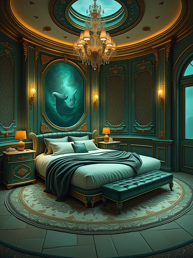  a luxurious mermaid mansion bedroom in the deep sea. the house is round li and big metallic green and gold ver shiny . with mermaid luxurious mermaid bed