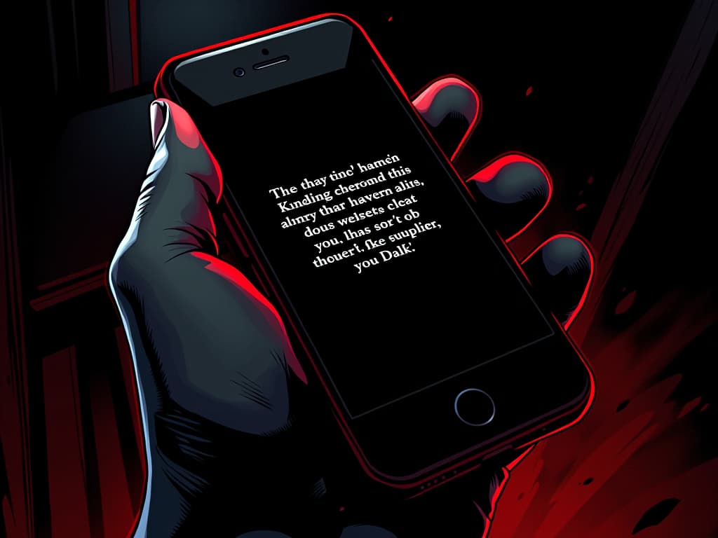  phone screen with a casual text message, dim light surrounding, almost betraying simplicity. the style is digital art illustration / modern comic book / graphic dark novel fantasy and mysterious occult, symbolic, moody lighting, esoteric vibe,high detail on character design. for the color scheme emphasize blacks and reds.