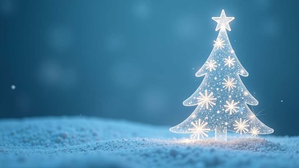  professional detailed photography, transparent glowing snow flakes in a shape of christmas tree, light blue color scheme background, high resolution photography, high detail, high quality, high definition, high contrast, high sharpness, 2/3 space for text to the left ar 16:9, (muted colors, dim colors, soothing tones), (vsco:0.3)