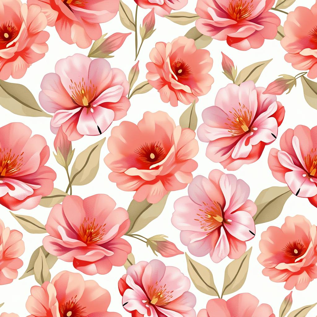  create a seamless digital design featuring a pattern of large, beautiful flowers with soft, watercolor like effects. the flowers should cover the entire surface, creating a bold, elegant, and continuous look. the overall style should be light and airy, with delicate leaves and petals to enhance the natural, floral theme. the design should be seamless to ensure it can be used in repeating patterns or wraps.