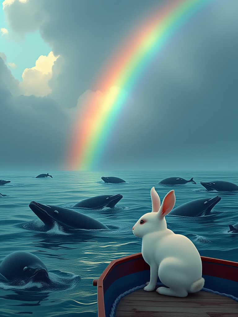  the storm slowly subsided, the sky was clear again, and a rainbow was raised by sea level rise at a distance. a little white rabbit on a boat, blue whales floating on a calm sea, with little whales jumping happily out of the water, and the beautiful and calm sea beneath the rainbow