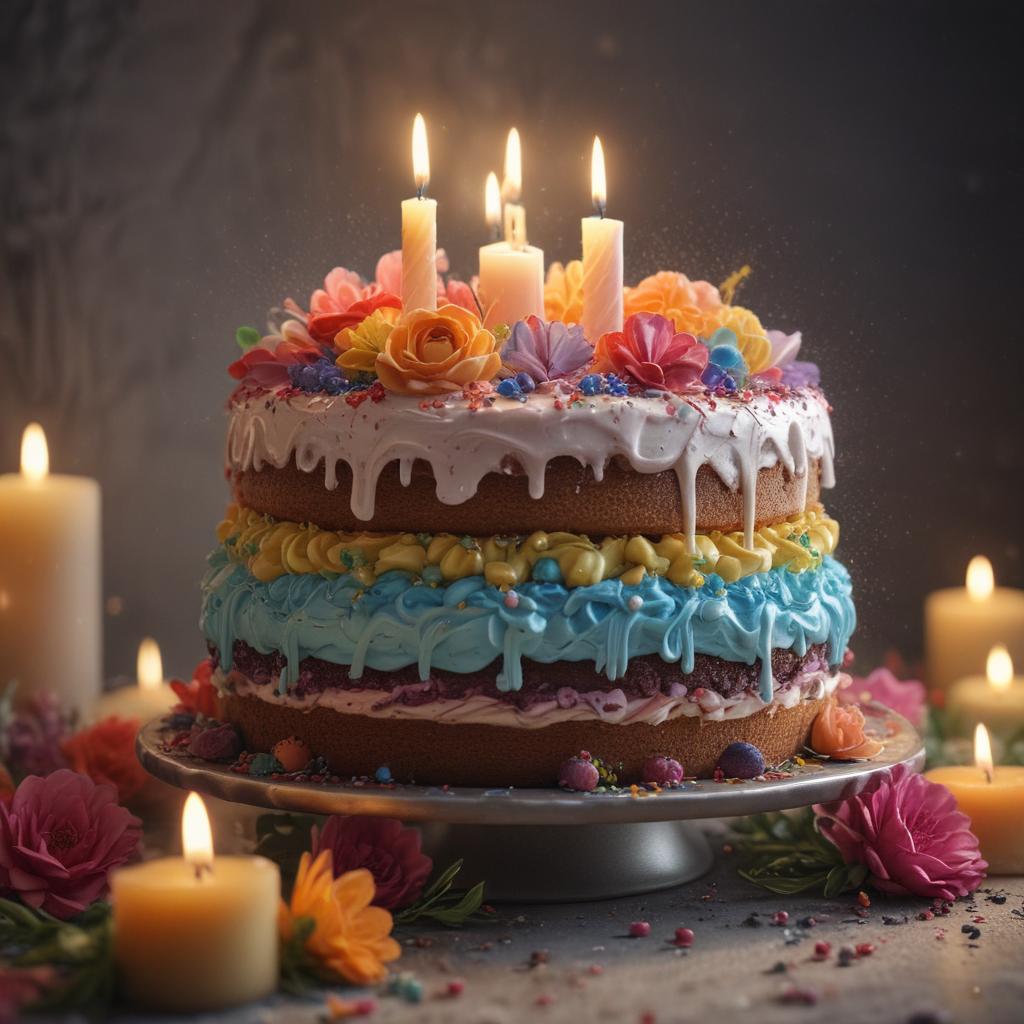 ((masterpiece)),(((best quality))), 8k, high detailed, ultra detailed, A deliciously decorated cake, (colorful frosting), (sparkling sprinkles), (lit candles), (floral decorations) hyperrealistic, full body, detailed clothing, highly detailed, cinematic lighting, stunningly beautiful, intricate, sharp focus, f/1. 8, 85mm, (centered image composition), (professionally color graded), ((bright soft diffused light)), volumetric fog, trending on instagram, trending on tumblr, HDR 4K, 8K