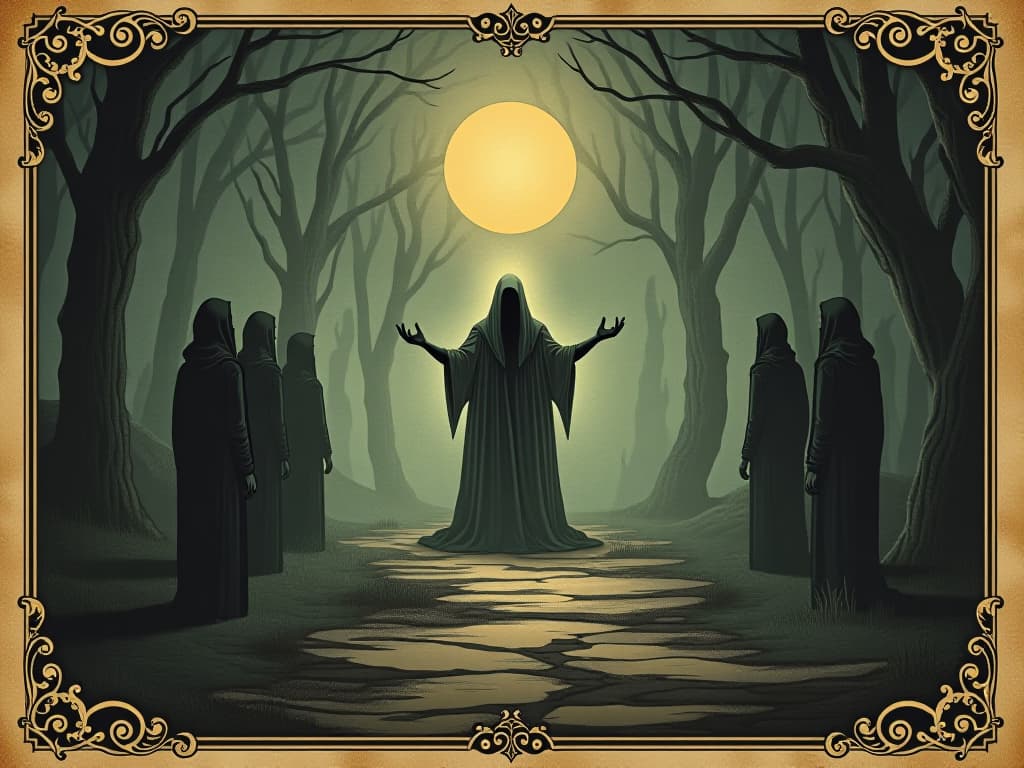  guiding others, figure lighting the way, path illuminated, mentor like presence, encouraging and hopeful. an illustration in the style of a worn, mystical old tarot trump card, mysterious and elements of surrealism. the colors are muted, somber and eerie, but with contrast bring out an occult and esoteric vibe.