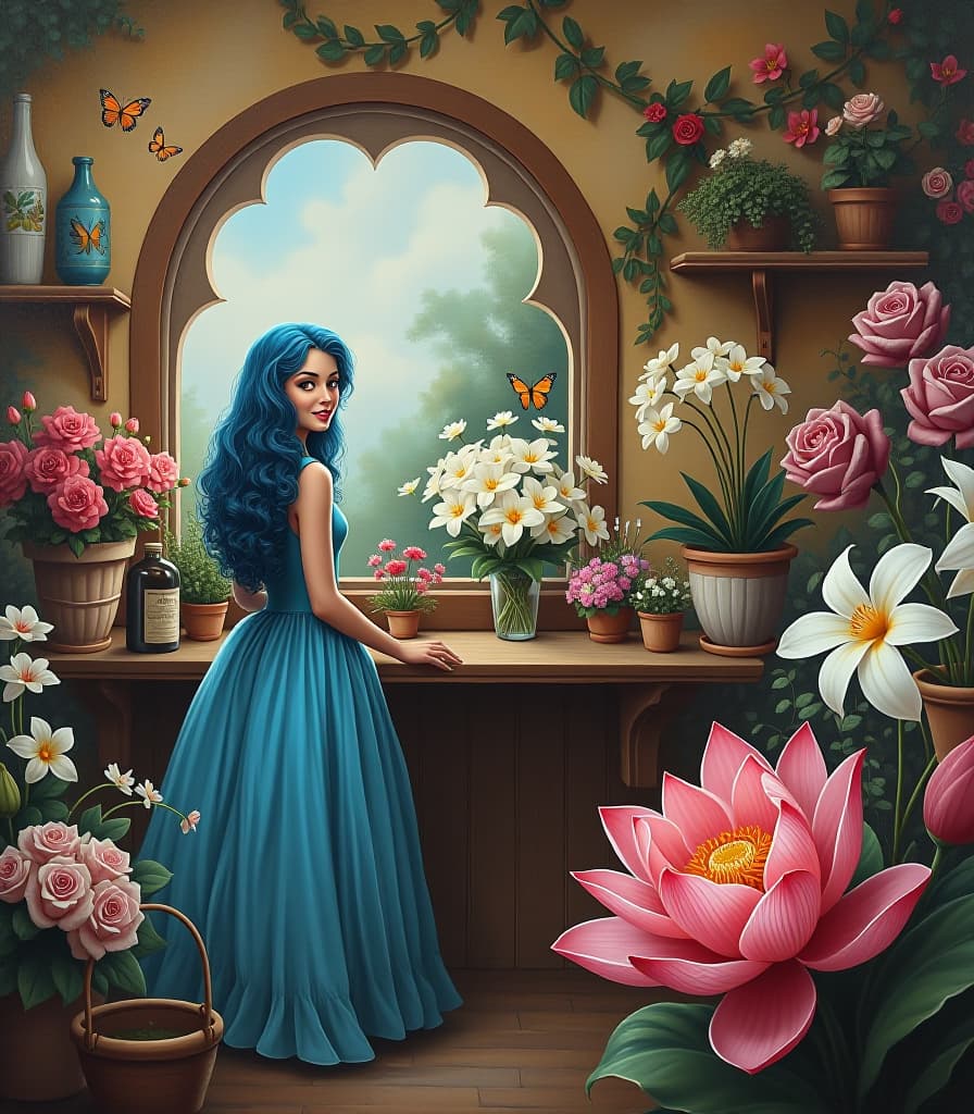  fairy tale a masterpiece. (painting. oil painting. fantastic elfish flower store with an unusual counter, shelves with pots of flowers and a very beautiful window. on the background of the window, (a counter with a beautiful fairy saleswoman, smiling, in a blue long dress and long blue hair curly, selling fantastic flowers, incredibly beautiful flowers, looking at the camera:1.5). intense close up. in the foreground, in a vase is a pink lotus flower, everywhere orchids, roses and lilies white, butterflies flying:1.5) style surrealism, fantasy. salvador doli style. . magical, fantastical, enchanting, storybook style, highly detailed