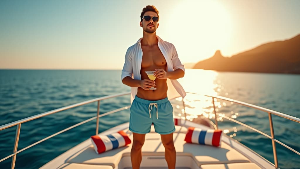  hdr photo of a full length young man in shorts and a white loose shirt stands on a yacht with a cocktail in his hands on a sunny summer day . high dynamic range, vivid, rich details, clear shadows and highlights, realistic, intense, enhanced contrast, highly detailed