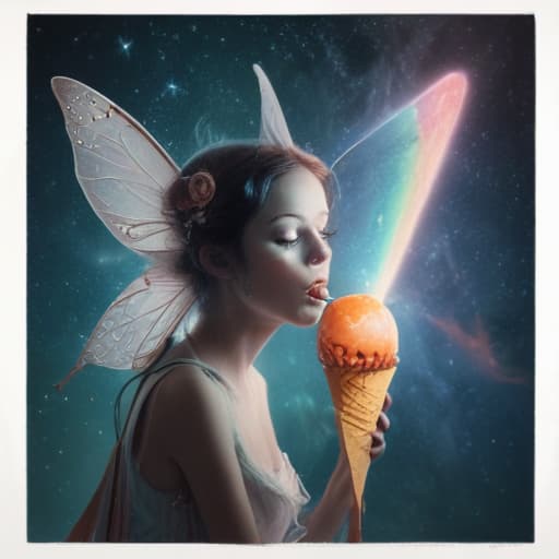 A fairy eating a popsicle in Surrealist style with Space background