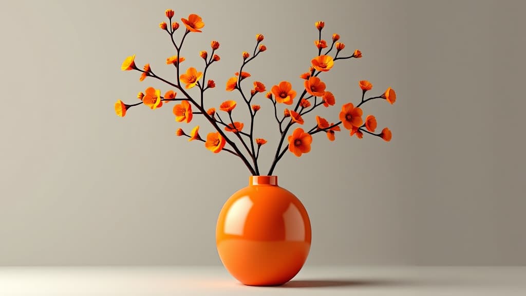  an orange vase with branches in it