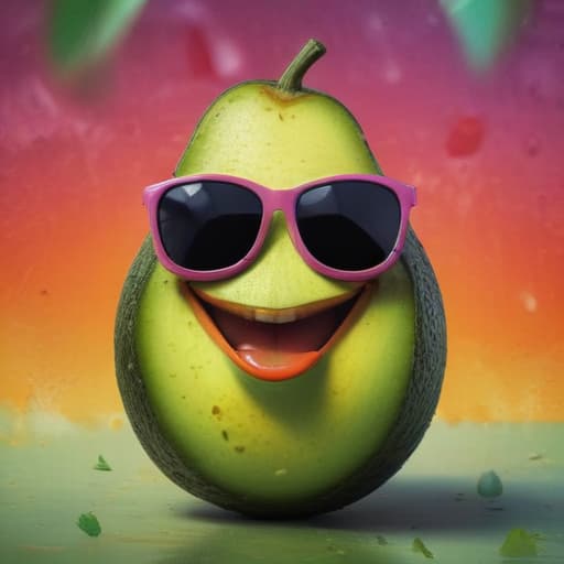 A laughing avocado with stylized sunglasses in a vibrant, abstract background.